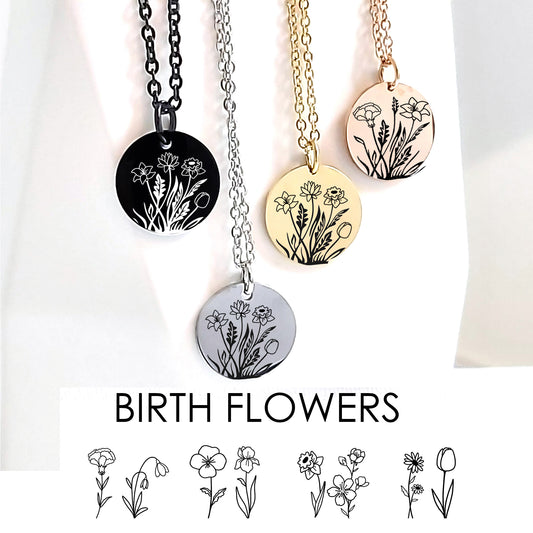 gold, rose gold, silver and black coin necklaces engraved with custom birth flowers