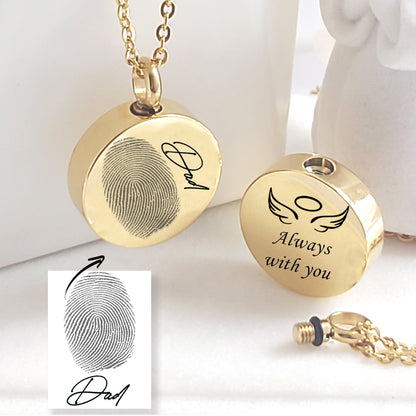 Fingerprint Urn Necklace for Ashes – Custom Memorial Necklace, Engraved Keepsake with Handwriting or Voice QR