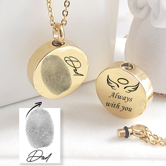 Fingerprint Urn Necklace for Ashes – Custom Memorial Necklace, Engraved Keepsake with Handwriting or Voice QR
