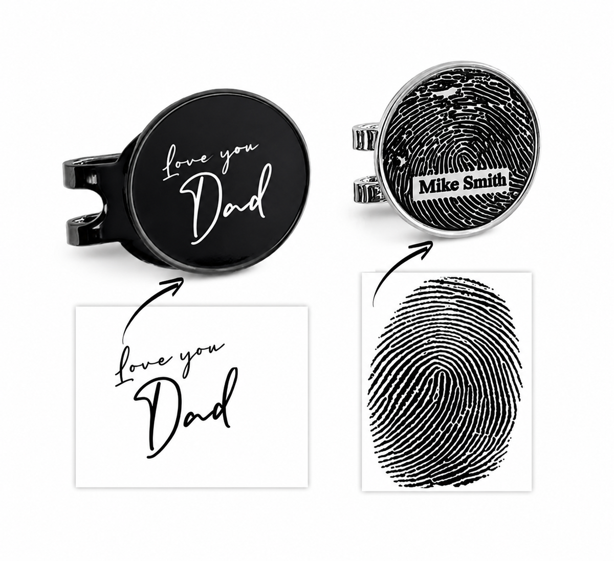 Personalized golf hat magnetic clip and ball marker engraved with fingerprint or your own handwriting, memorial gift, loss of dad, grandad