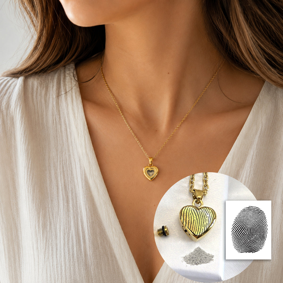 Heart glass urn necklace for ashes, engraved with custom fingerprint