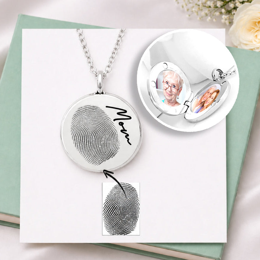 Custom fingerprint  locket necklace with photo, Personalized memorial keepsake