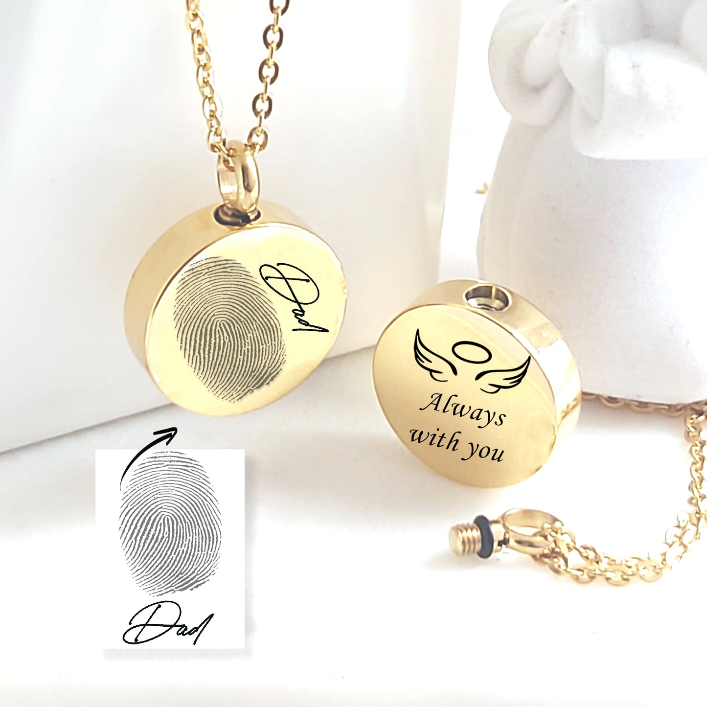 Custom thumbprint urn necklace for human ashes.