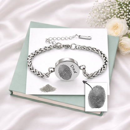 Round urn bracelet, engraved with custom fingerprint and handwriting