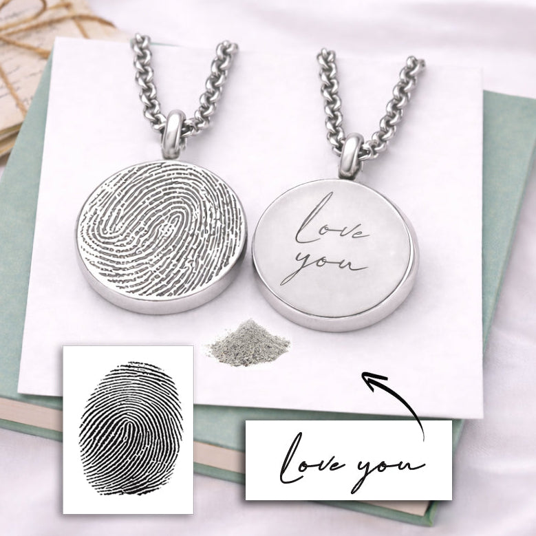 Round urn necklace for ashes, engraved with custom fingerprint