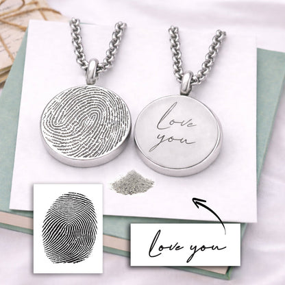 Round urn necklace for ashes, engraved with custom fingerprint