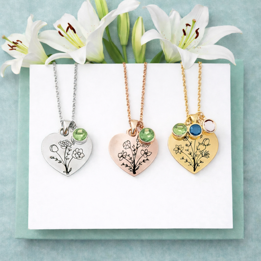Rooted in your love - Birth flower bouquet heart necklace.