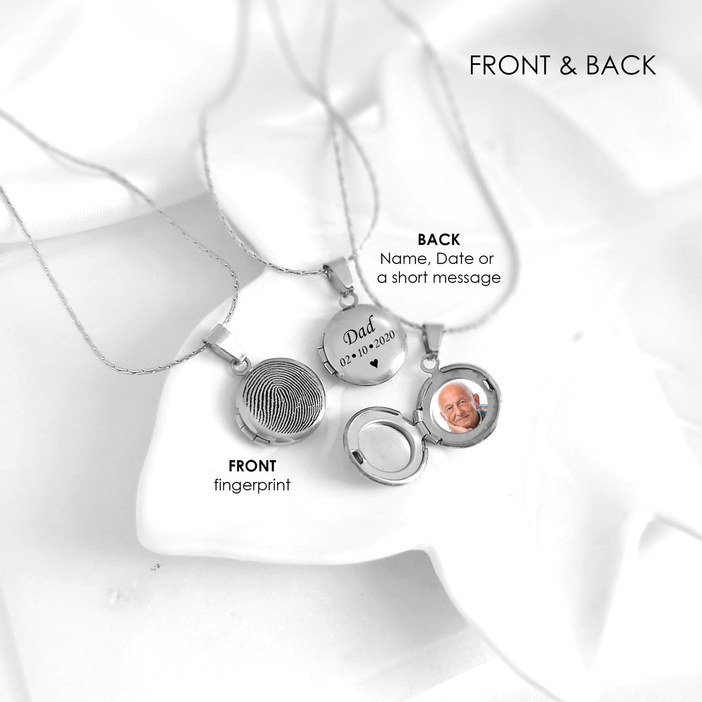Memorial thumbprint mini locket with photos and engraving.
