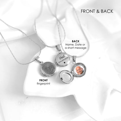 Memorial thumbprint mini locket with photos and engraving.