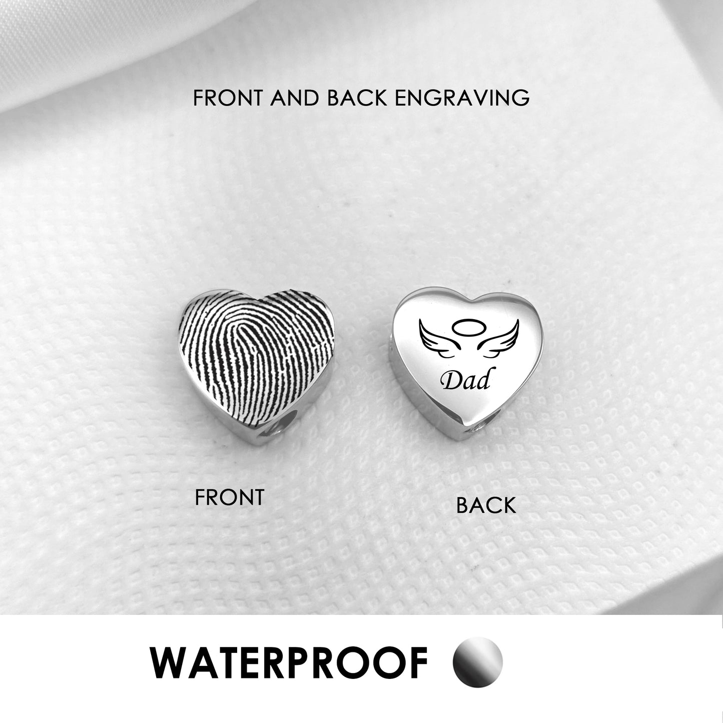 Engraved thumbprint cremation heart urn charm for bracelet for ashes.