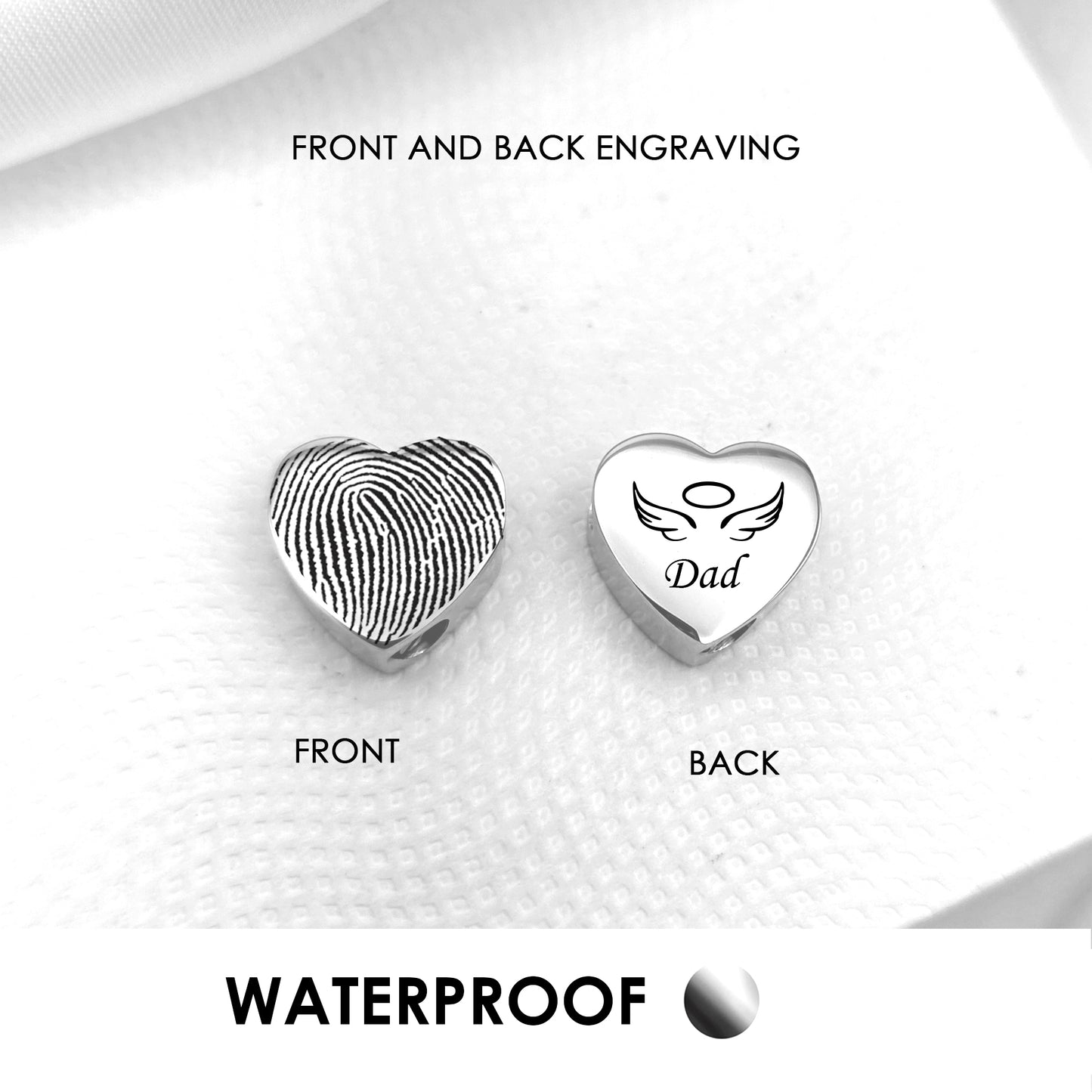 Heart urn charm for ashes compatible with Pandora bracelets, engraved with custom fingerprint