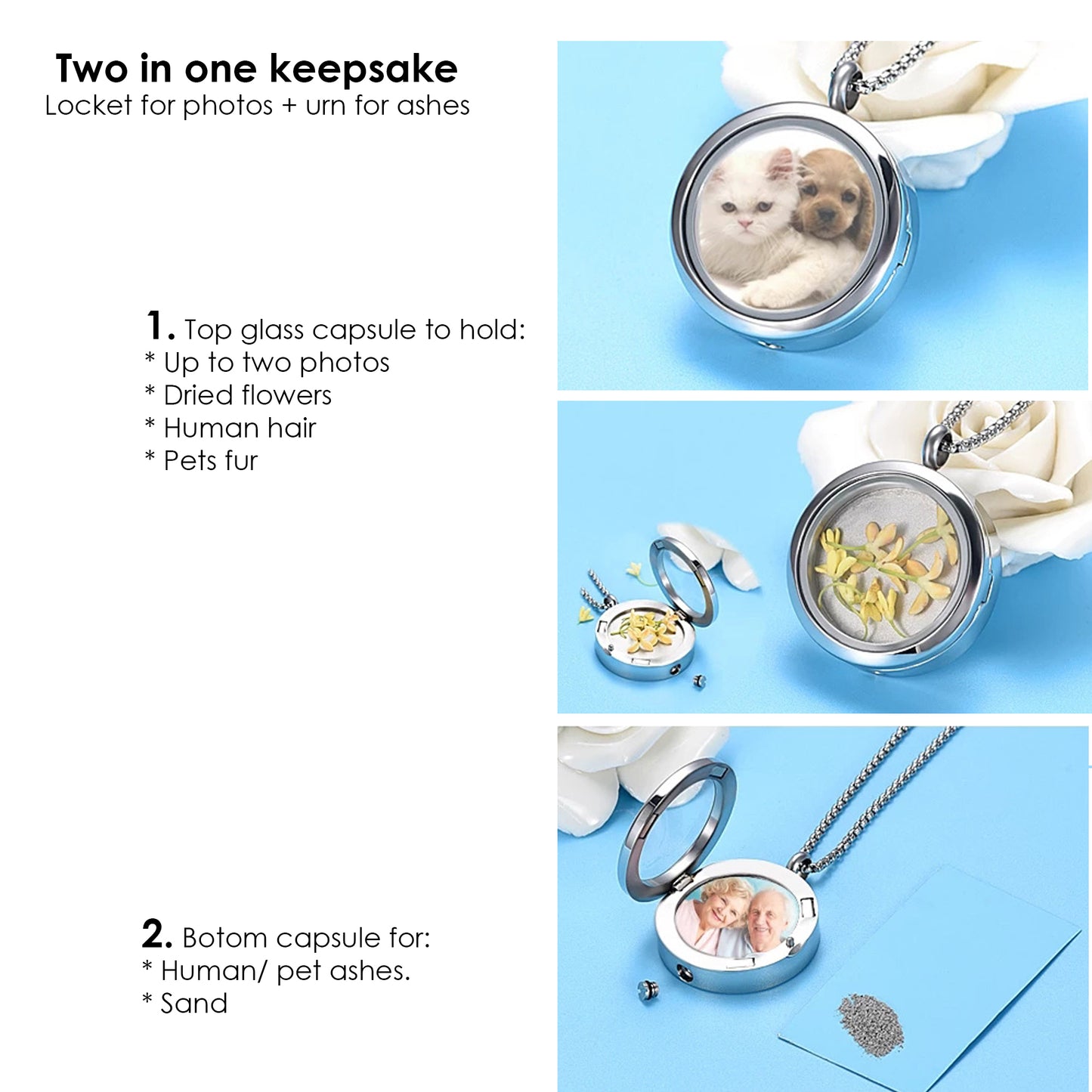 Memorial handwriting locket with photos and urn for ashes.