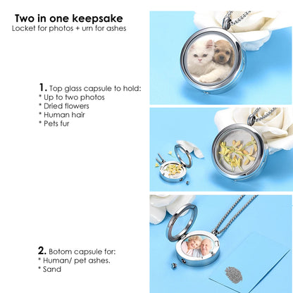 Memorial handwriting locket with photos and urn for ashes.