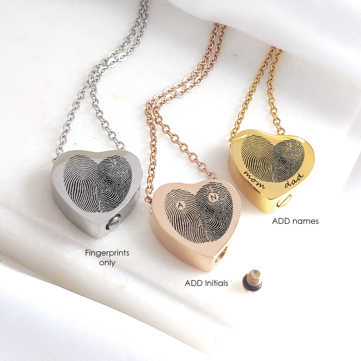 Collar de urna conmemorativa con forma de corazón con huella dactilar para cenizas humanas.
