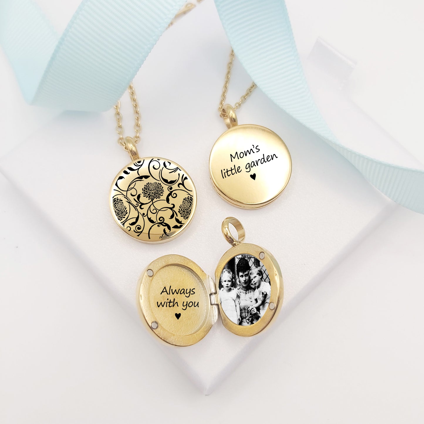 Custom engraved locket with birth flower for woman.