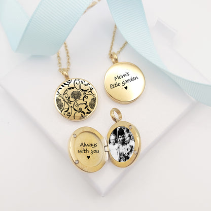 Custom engraved locket with birth flower for woman.