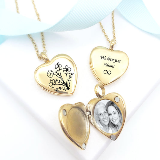 Birth flower bouquet heart locket with photo for mom.