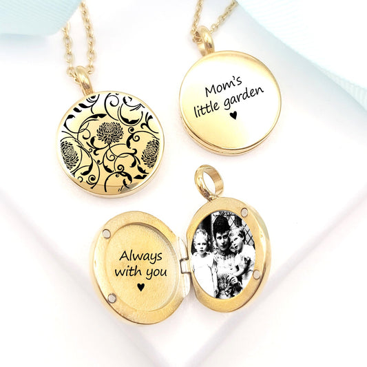Medallón grabado personalizado con flor de nacimiento para mujer.
