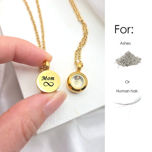 Personalized cremation urn necklace for human ashes or hair.