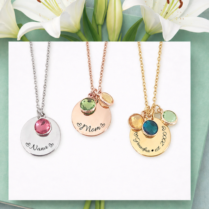 Three necklaces with engraved names on a card with white lilies.