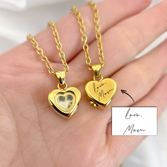 Custom handwriting heart urn necklace for human ashes or hair.