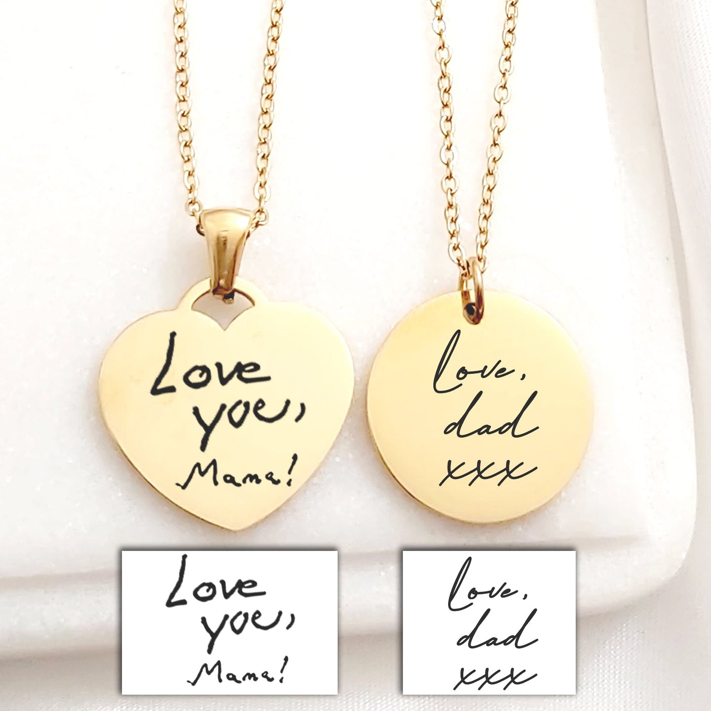 one round and one heart gold necklaces stainless steel with personalized engravings. The front pendant displays a handwritten “Love you, Mama!” message, while the back features the text “Always with me” with a small cross symbol. Each 20mm heart pendant hangs from an adjustable 18–20 inch chain and is available in silver, gold, and black finishes with optional front and back engraving.