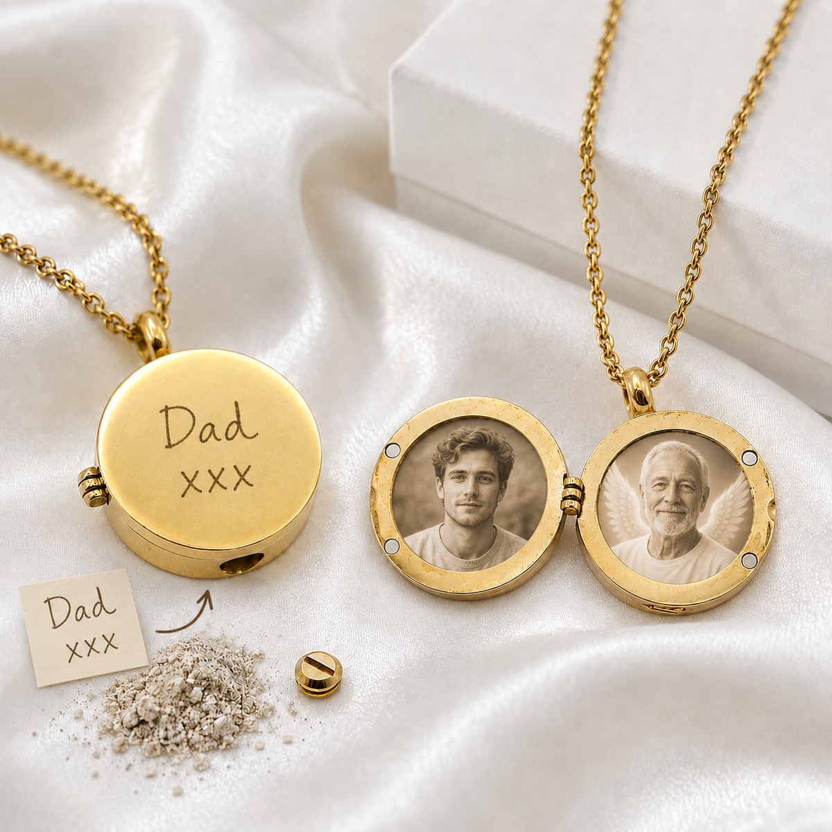 Two round gold-tone memorial urn lockets with matching chains on white fabric. One closed locket is engraved with the handwritten words “Dad xxx.” The other is open and displays two circular photos of men, including an older man with angel wings. A handwriting sample, small screw and symbolic ashes appear below.