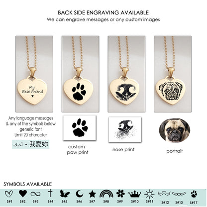 Small heart urn necklace for ashes, engraved with custom pet paw