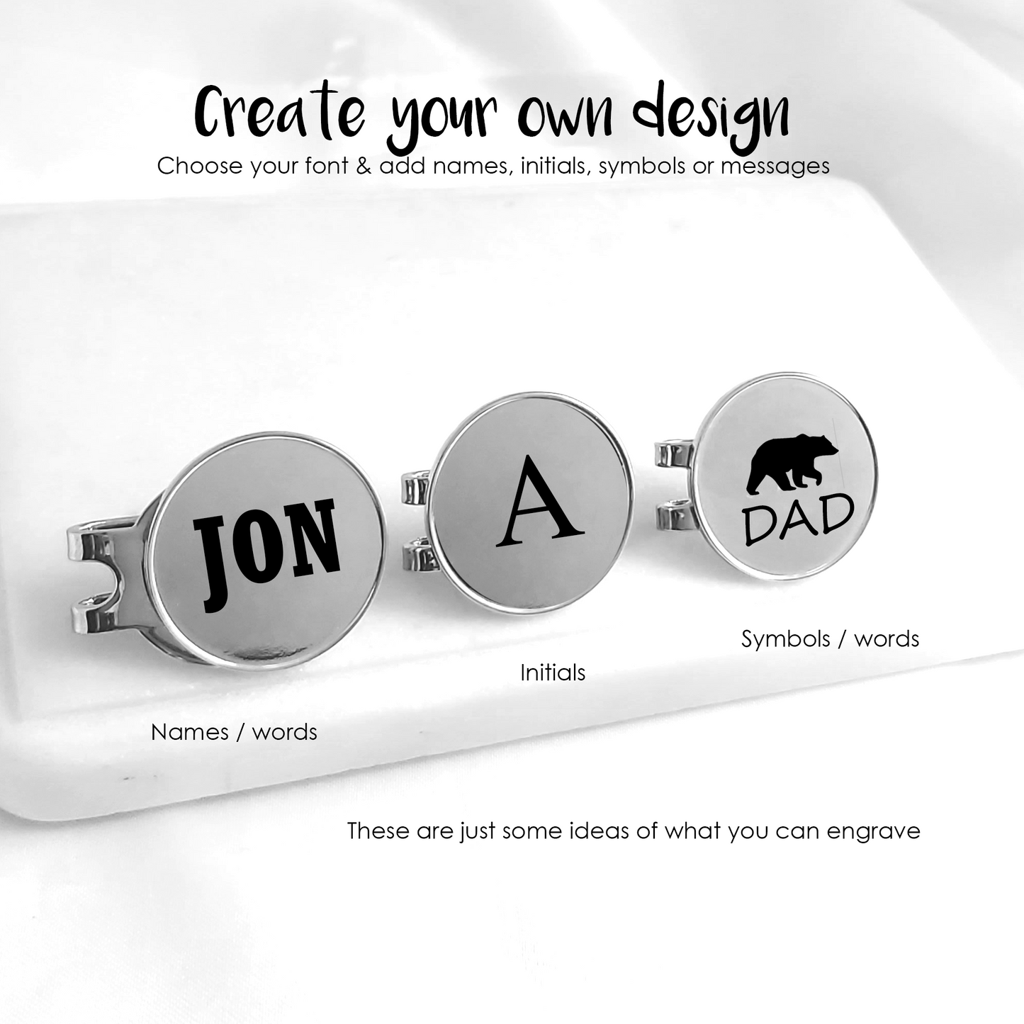 Personalized golf marker engraved with names, dates, handwriting or images.