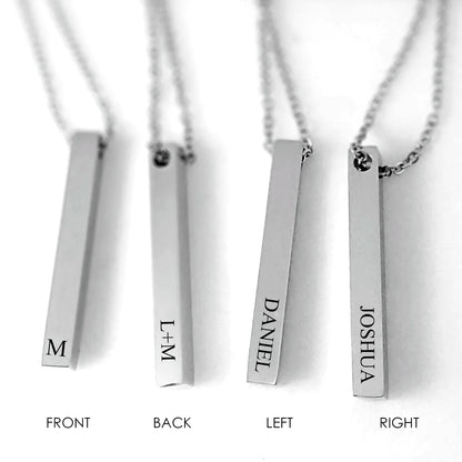 Four side bar necklace for her and him - Custom engraved with names