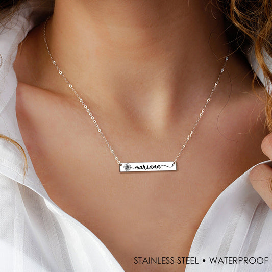 Birthday Bloom - Birth Flower Rectangle Necklace with Name