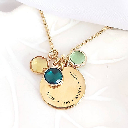 coin necklace engraved with kids names and birthstone charms