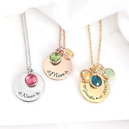 Custom engraved necklace for Mom and grandma with kids birthstones, Mother's day Gift