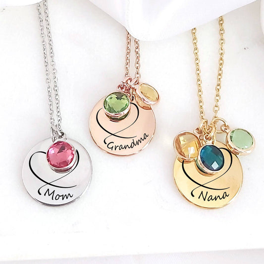 coin necklace engraved with names and birthstone charms