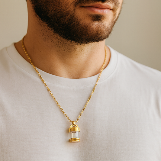 Unisex memorial handwriting urn necklace for human ashes or hair.