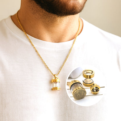 Glass tube urn for ashes necklace, engraved with custom fingerprint.