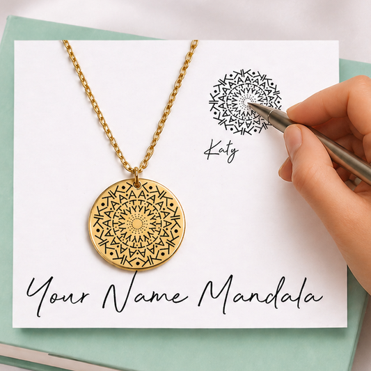 Gold mandala necklace on a card with 'Your Name Mandala' text, held by a hand on a white fabric background.