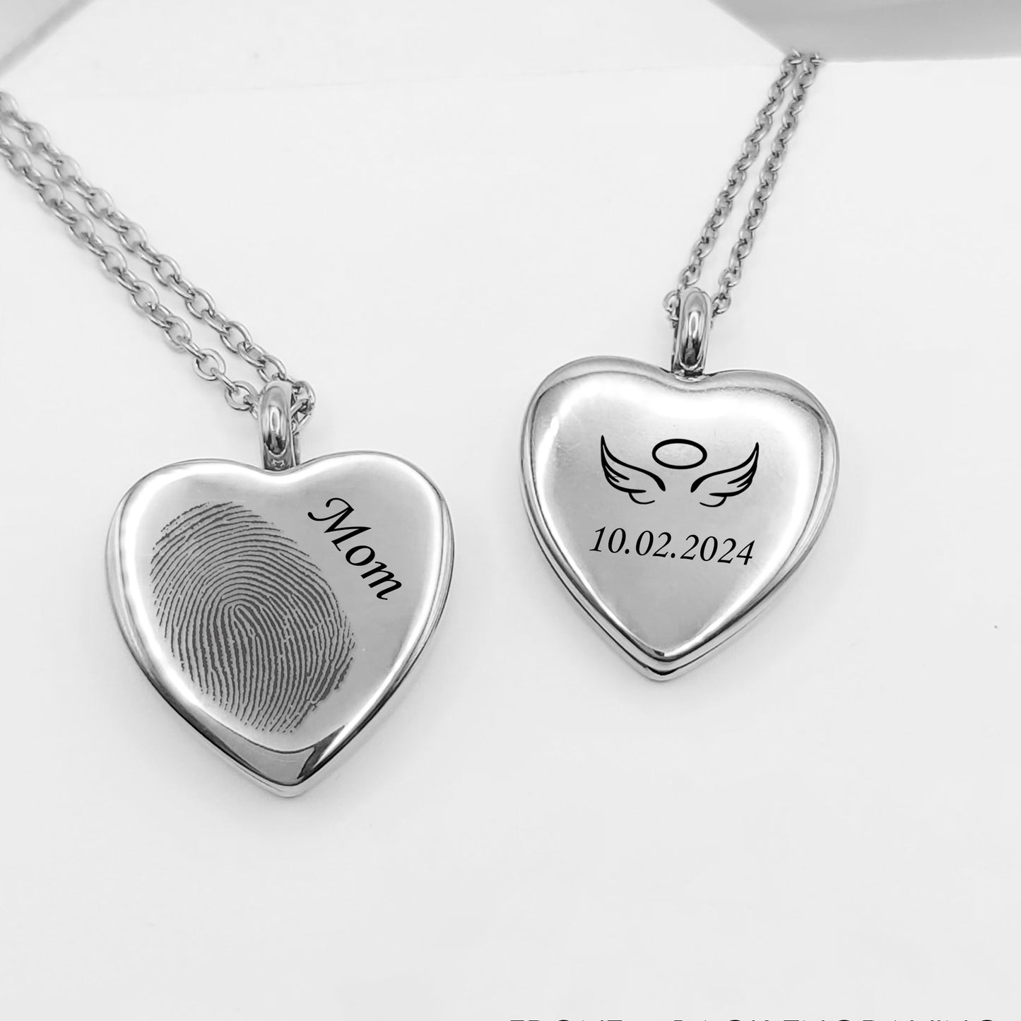 Memorial thumbprint heart locket with photos and engraving.