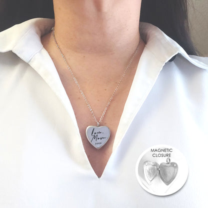 Handwriting and signature heart locket with photos.