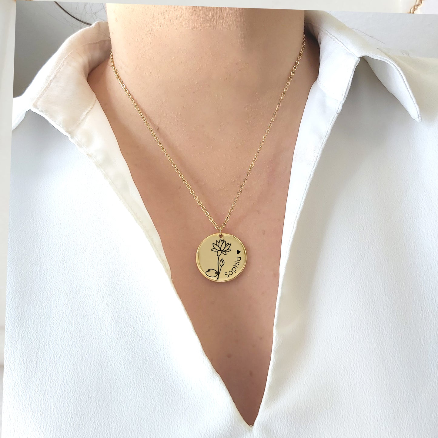 Personalized birth flower necklace with name.