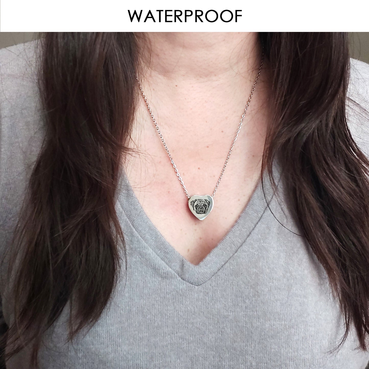 Pet portrait cremation heart urn necklace for ashes.