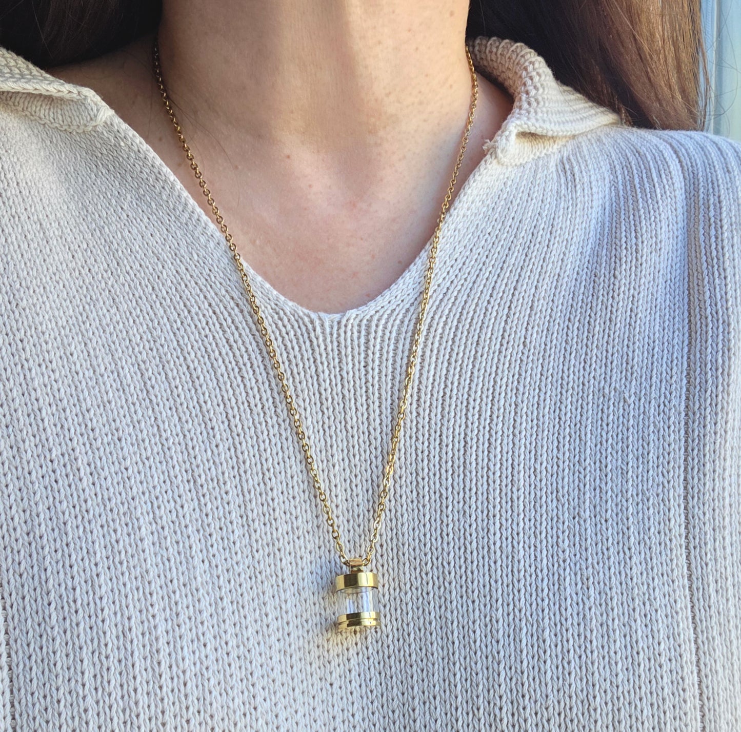 Unisex memorial handwriting urn necklace for human ashes or hair.