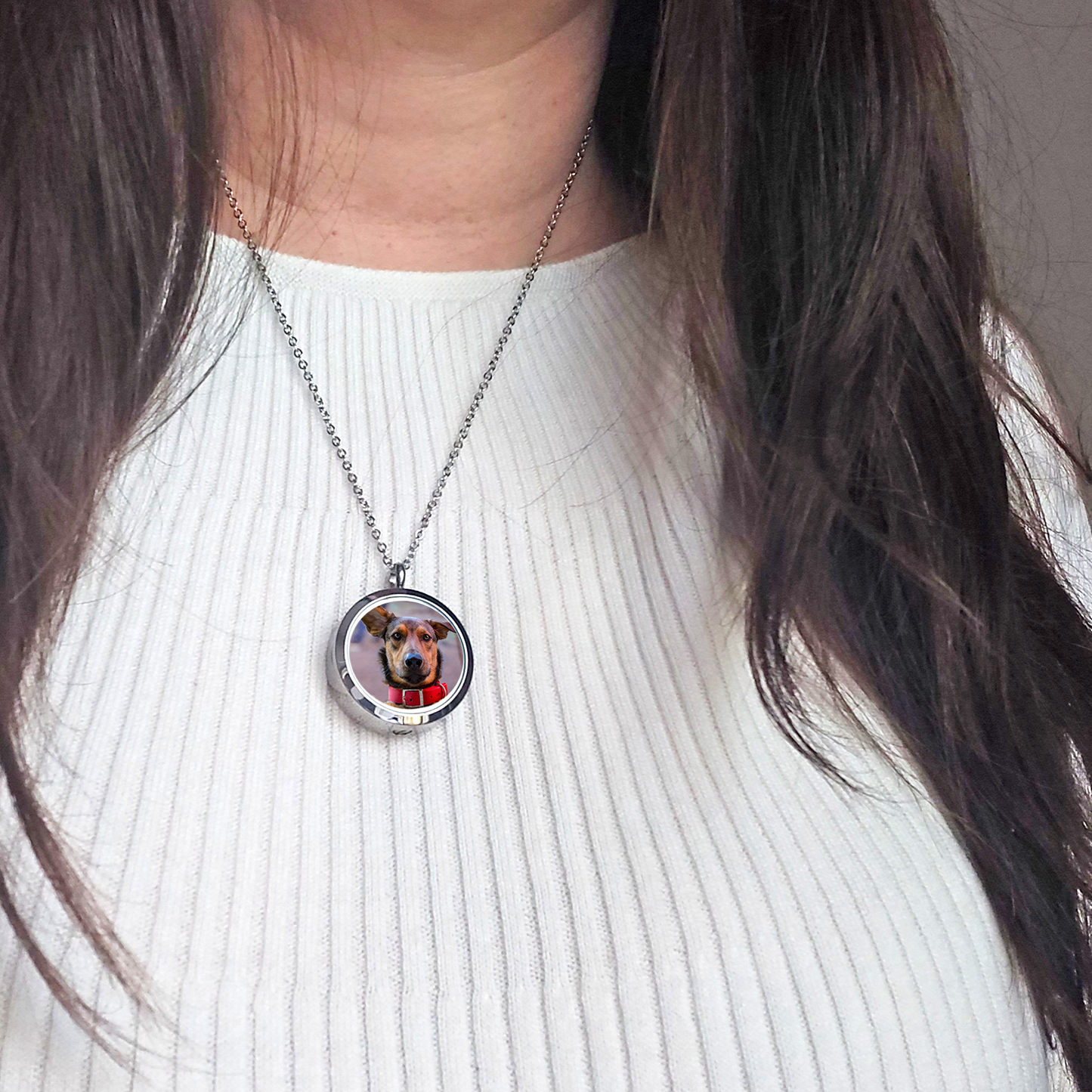 Pet paw print memorial locket with photos and urn for ashes.