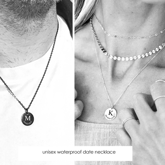 Engraved Initial necklace with date for her and him.