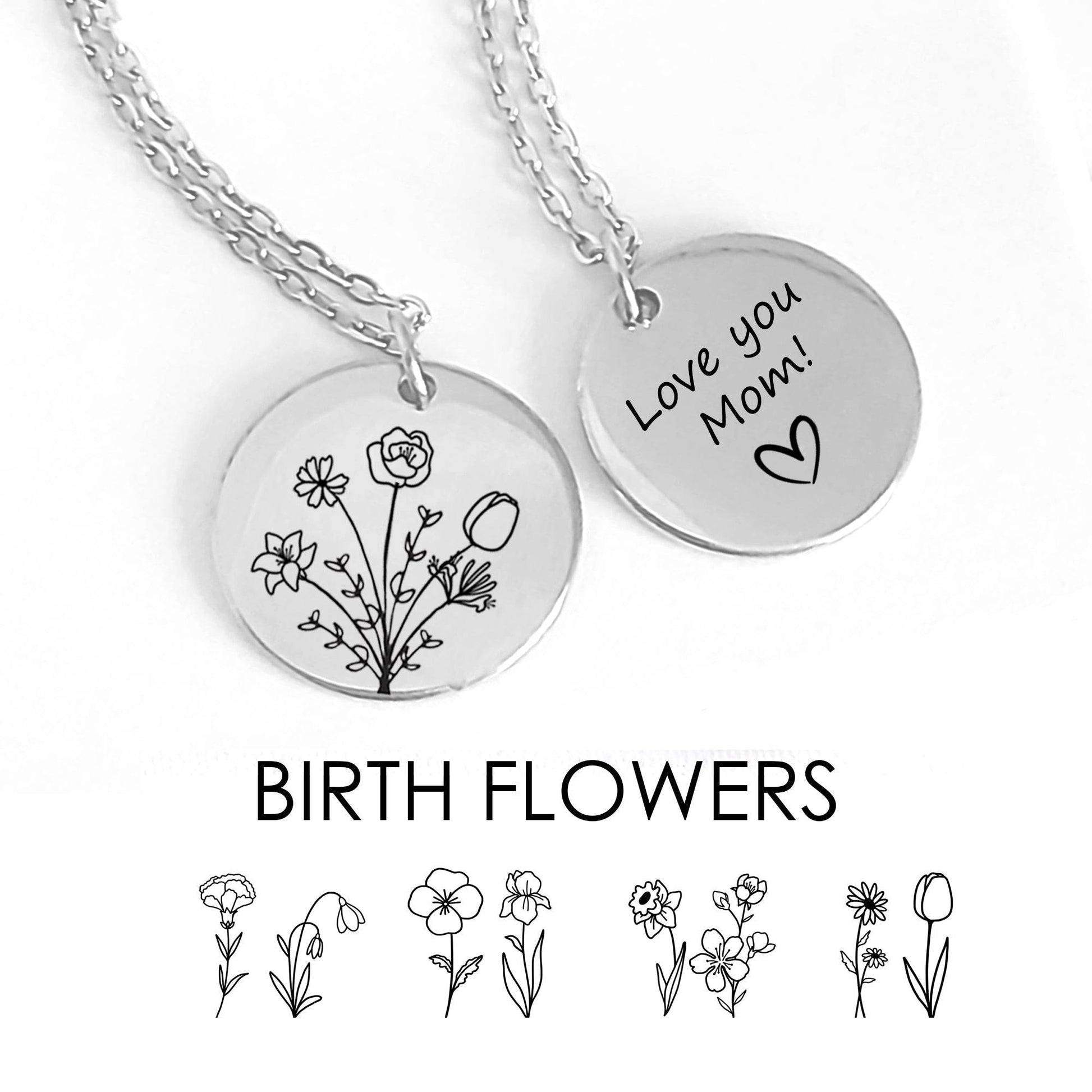 coin necklace engraved with a bouquet of birth flowers and the back with a custom message