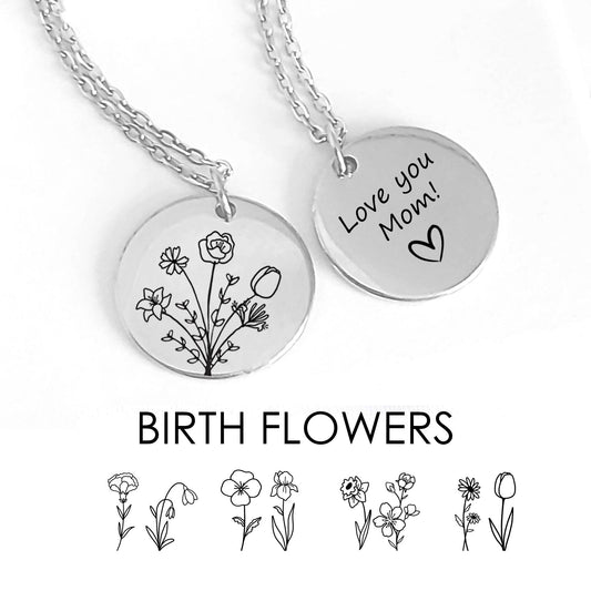 coin necklace engraved with a bouquet of birth flowers and the back with a custom message