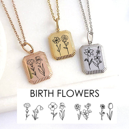 gold, rose gold and a silver rectangle necklace engraved with two birth flowers