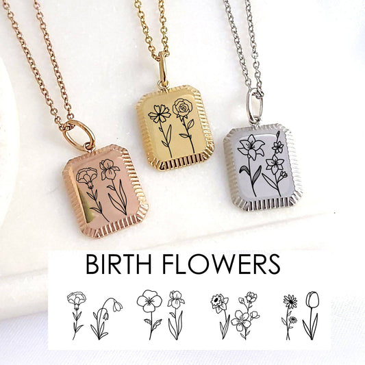 gold, rose gold and a silver rectangle necklace engraved with two birth flowers