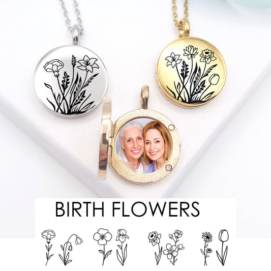 Personalized Birth flower bouquet locket with photo for woman. - mobimomentos