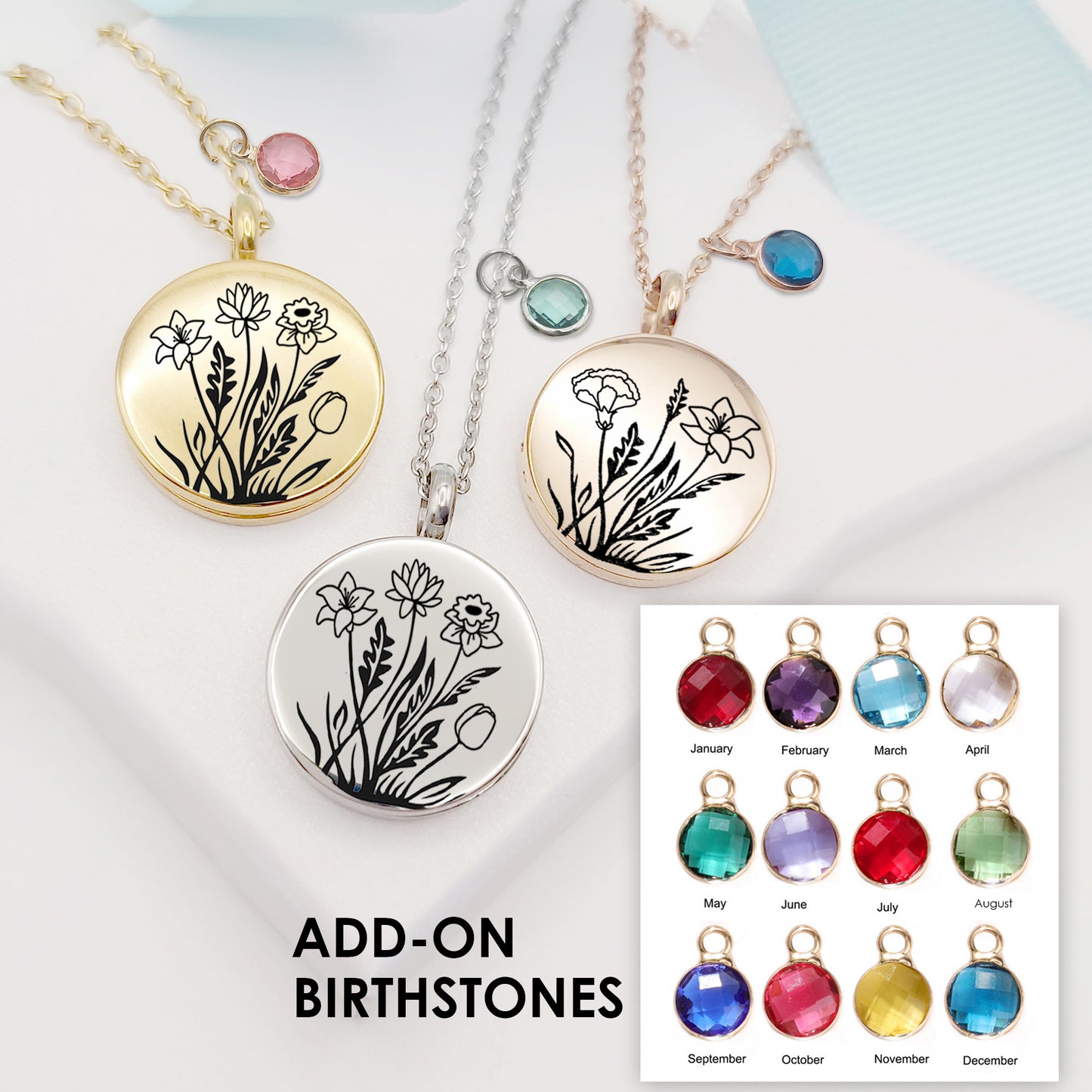 Personalized Birth flower bouquet locket with photo for woman.